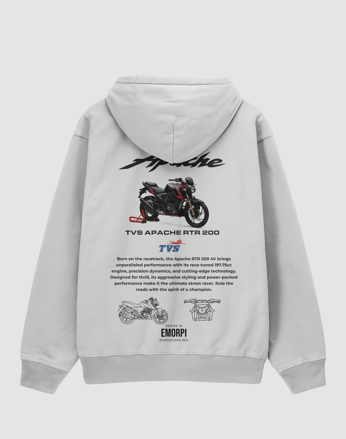 TVS Apache RTR 200 baskılı oversize hoodie, beyaz, arkadan görünüm. TVS Apache RTR 200 çizimli sırt baskısı