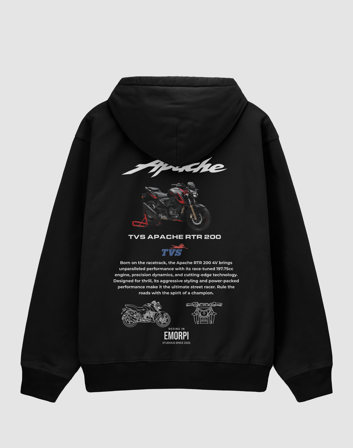 TVS Apache RTR 200 baskılı oversize hoodie, siyah, arkadan görünüm. TVS Apache RTR 200 çizimli sırt baskısı