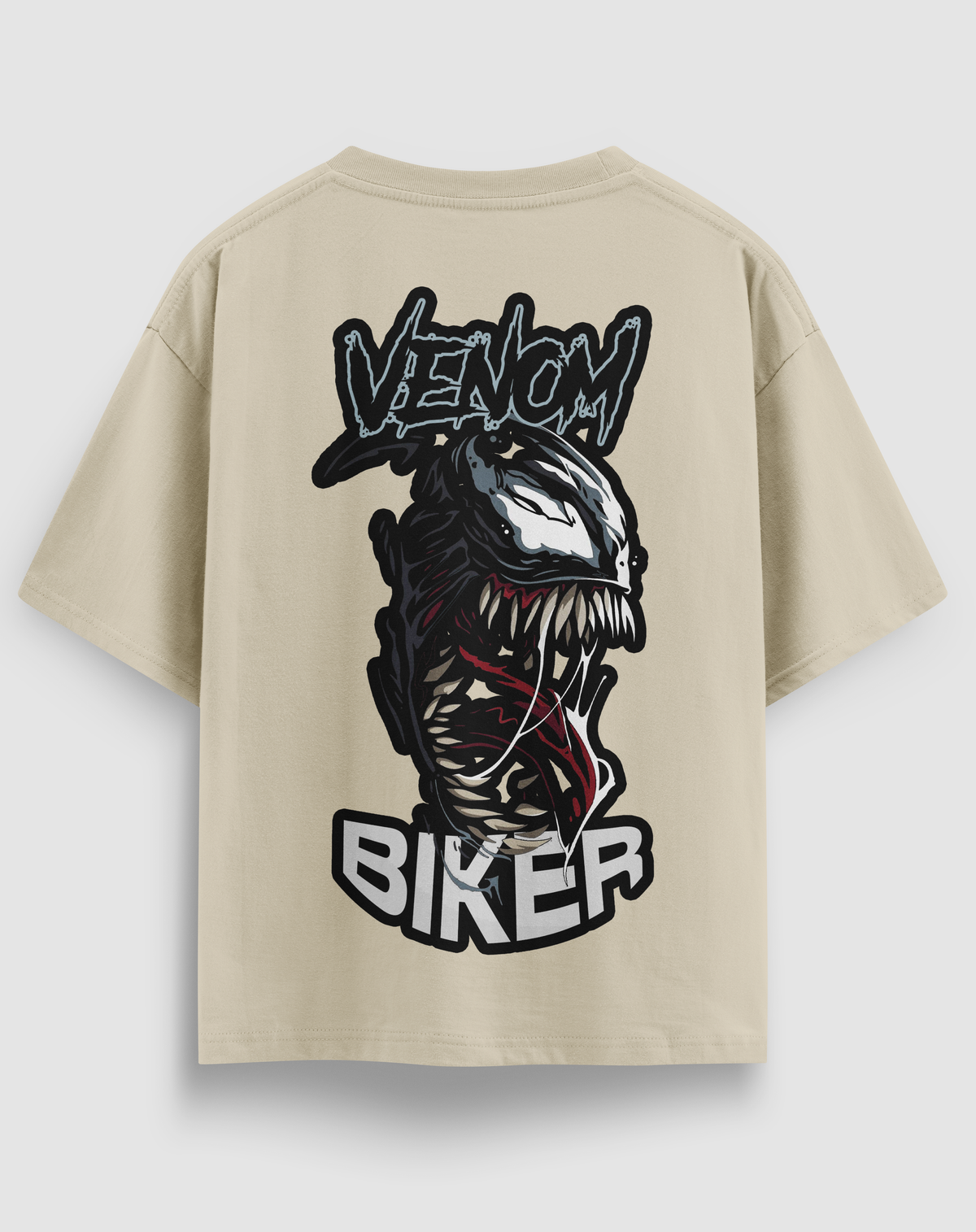 Venom Biker baskılı motorcu tişört, bej, arkadan görünüm. Venom yüzü ve VENOM BIKER sırt baskısı, önde küçük amblem