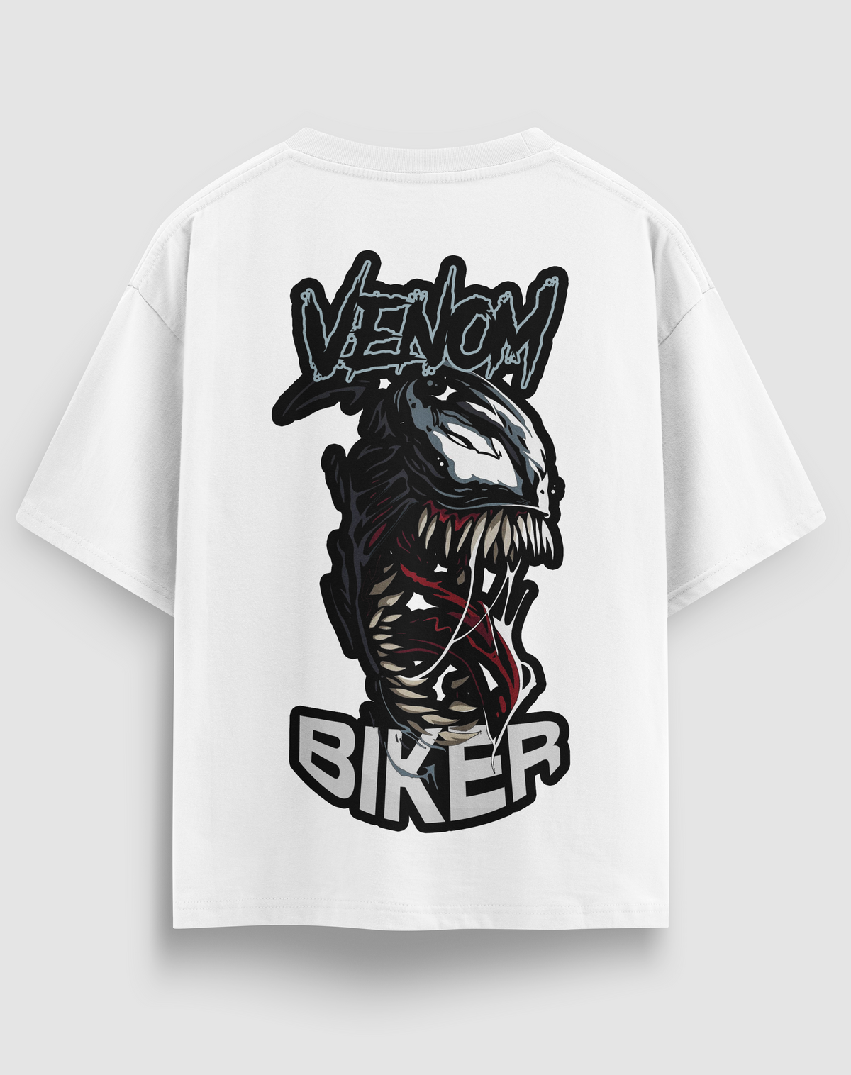 Venom Biker baskılı motorcu tişört, beyaz, arkadan görünüm. Venom yüzü ve VENOM BIKER sırt baskısı, önde küçük amblem