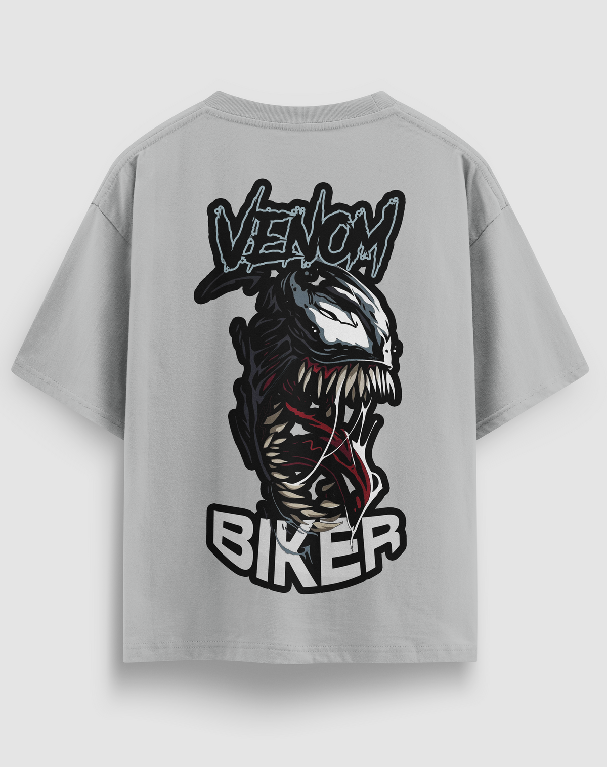 Venom Biker baskılı motorcu tişört, gri, arkadan görünüm. Venom yüzü ve VENOM BIKER sırt baskısı, önde küçük amblem