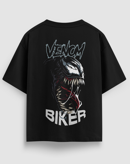 Venom Biker baskılı motorcu tişört, siyah, arkadan görünüm. Venom yüzü ve VENOM BIKER sırt baskısı, önde küçük amblem