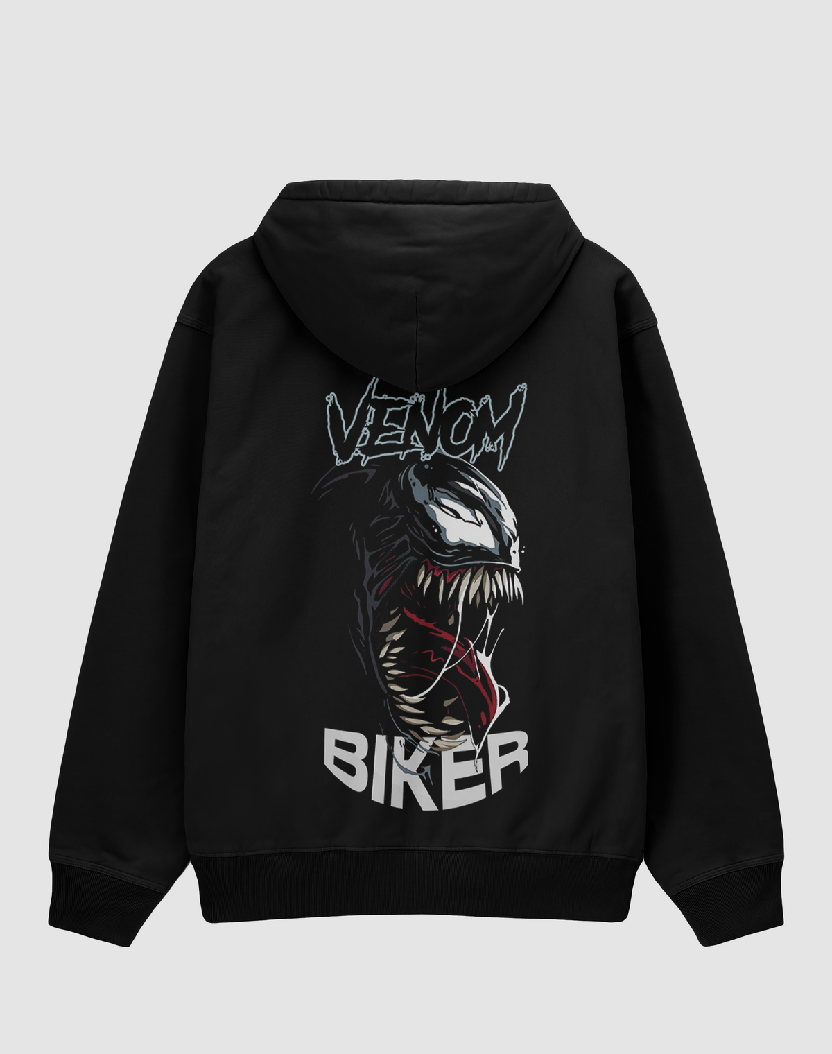 Venom Biker baskılı oversize motorcu hoodie, siyah, arkadan görünüm. Venom yüzü ve VENOM BIKER sırt baskısı