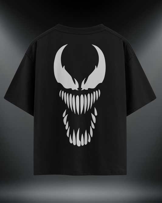 Venom reflektör baskılı motorcu tişört, siyah, sırtta Venom yüz baskısı