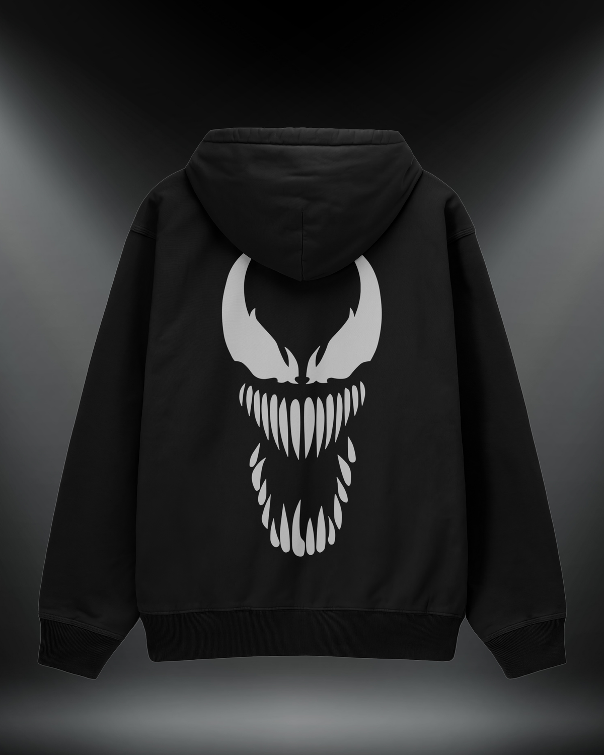 Venom reflektörlü oversize motorcu hoodie, siyah, sırtta Venom yüz baskısı