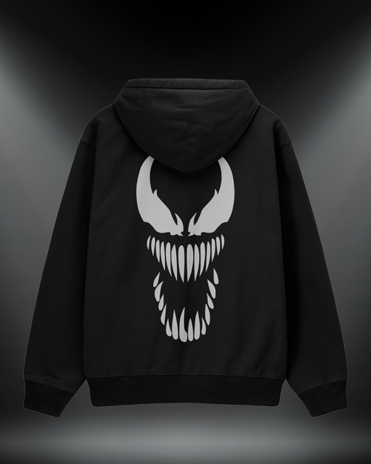 Venom reflektörlü oversize motorcu hoodie, siyah, sırtta Venom yüz baskısı
