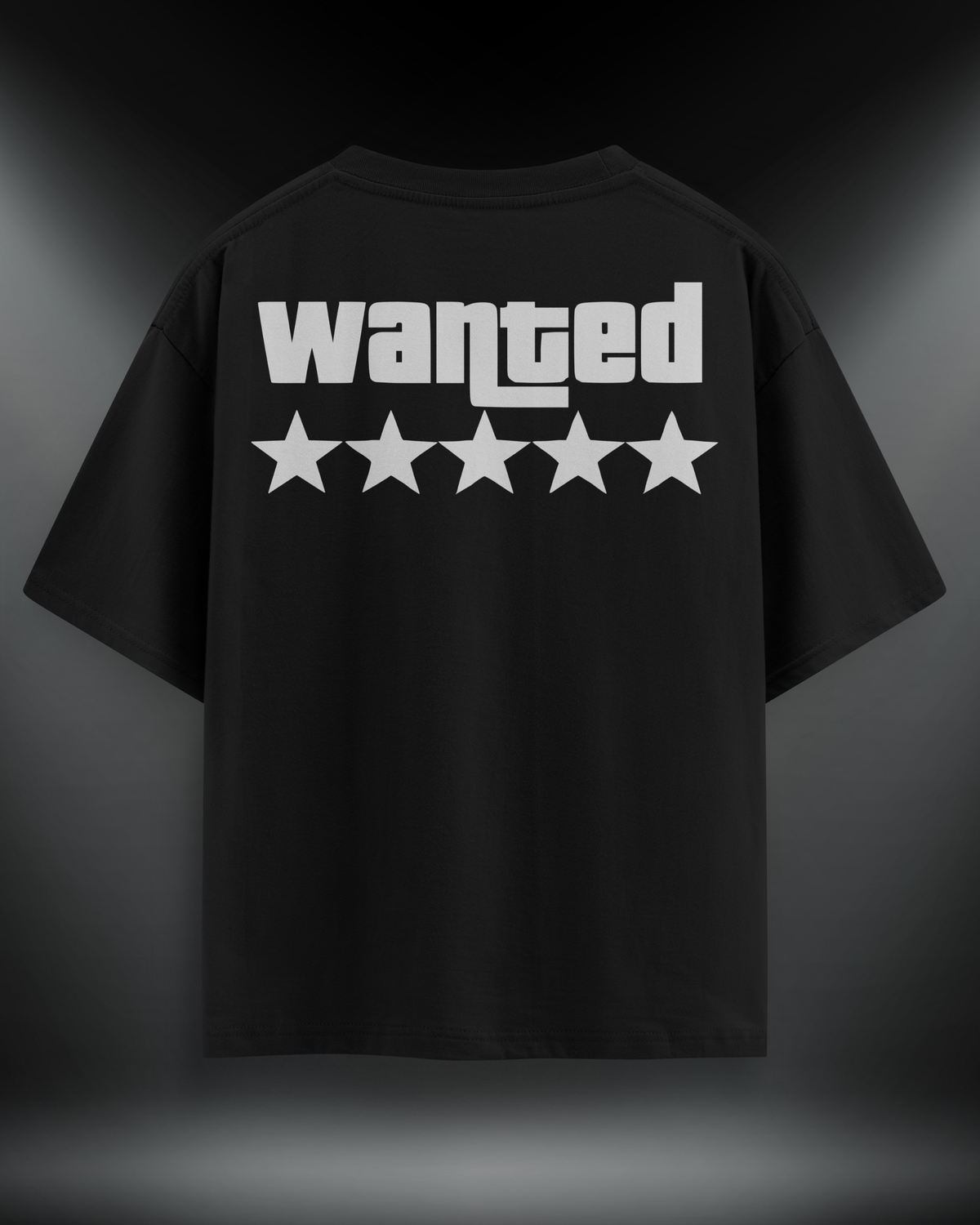 Wanted reflektör baskılı motorcu tişört, siyah, sırtta Wanted yazısı ve beş yıldız