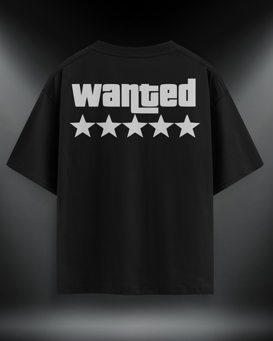 Wanted reflektör baskılı motorcu tişört, siyah, sırtta Wanted yazısı ve beş yıldız