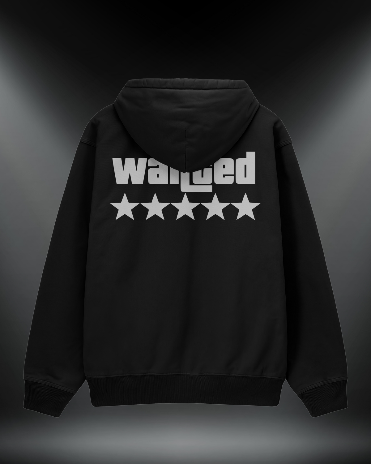 Wanted reflektörlü oversize motorcu hoodie, siyah, sırtta Wanted yazısı ve beş yıldız