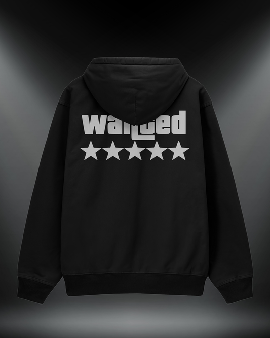 Wanted reflektörlü oversize motorcu hoodie, siyah, sırtta Wanted yazısı ve beş yıldız