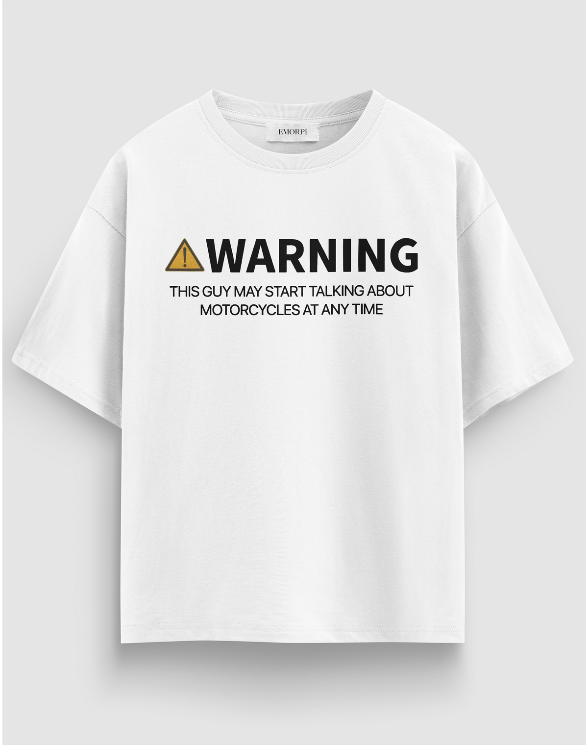 Warning baskılı motorcu tişört, beyaz, önden görünüm. Önde WARNING uyarı yazısı baskısı