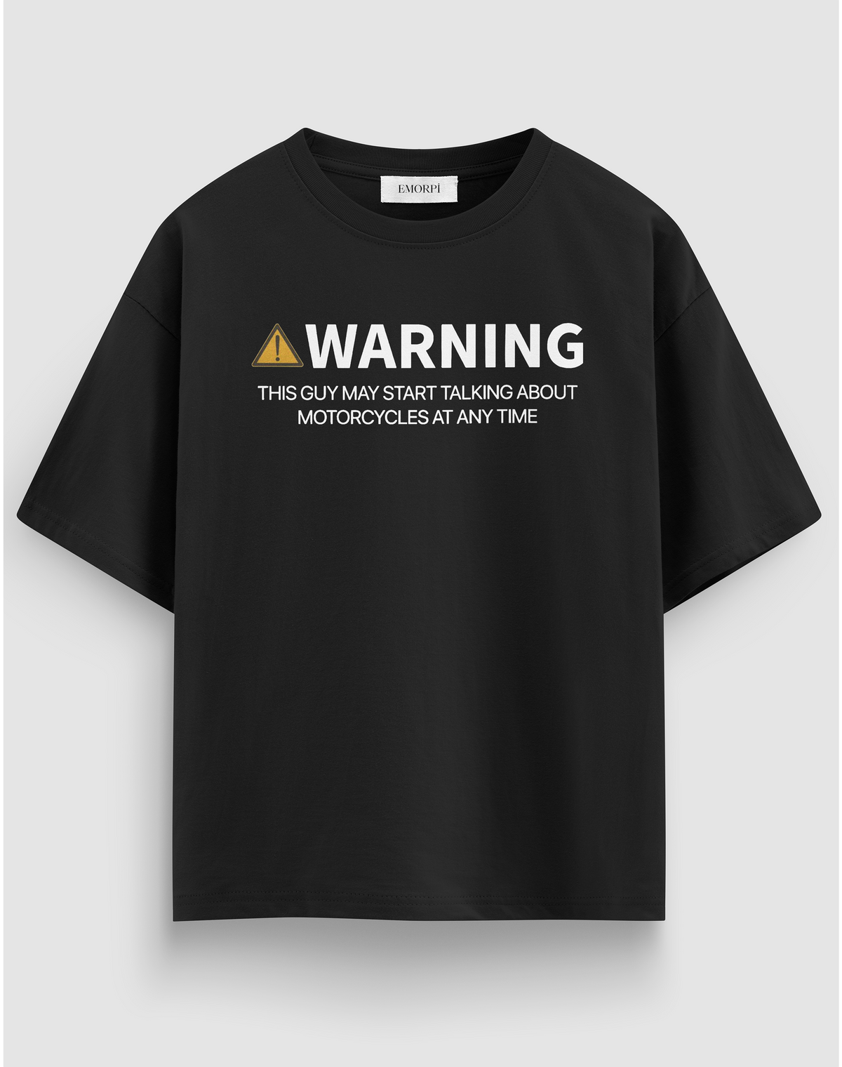 Warning baskılı motorcu tişört, siyah, önden görünüm. Önde WARNING uyarı yazısı baskısı