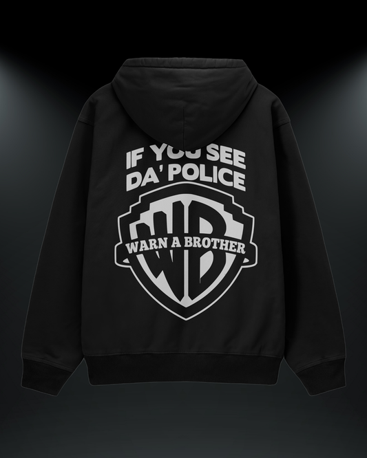 WB reflektörlü oversize motorcu hoodie, siyah, arkadan görünüm. Reflektörlü WARN A BROTHER kalkan baskısı, gece görünürlük