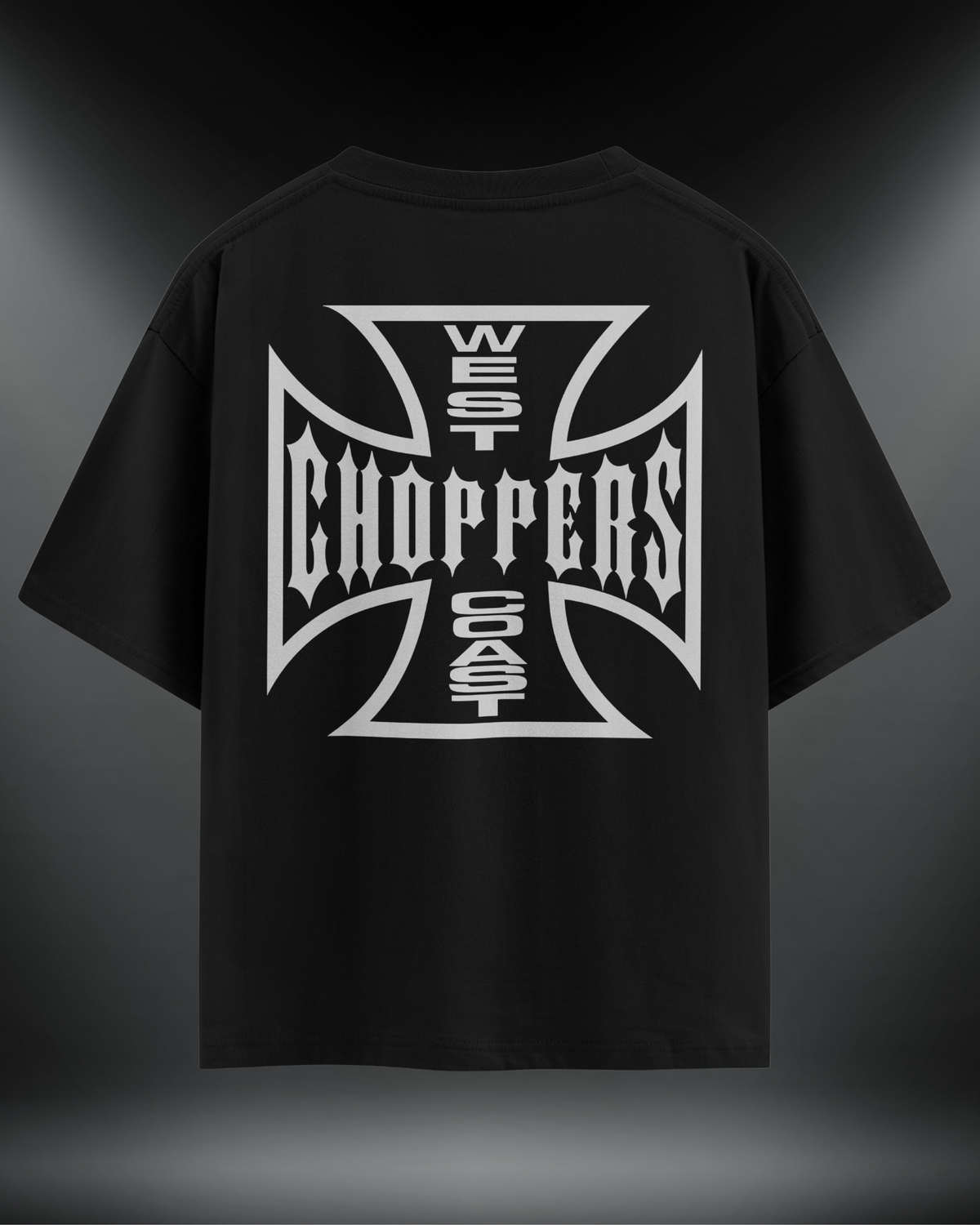 West Coast Choppers reflektör baskılı siyah motorcu tişört, arkadan görünüm