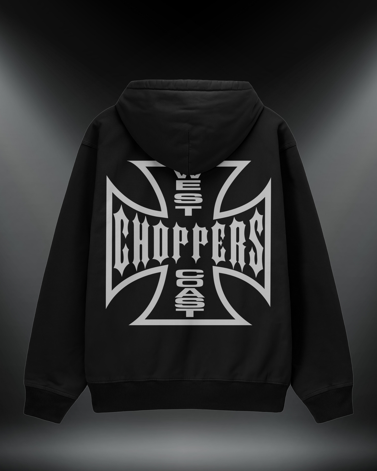West Coast Choppers reflektörlü oversize motorcu hoodie, siyah, arkadan görünüm. Reflektörlü Malta haçı ve WEST COAST CHOPPERS sırt baskısı