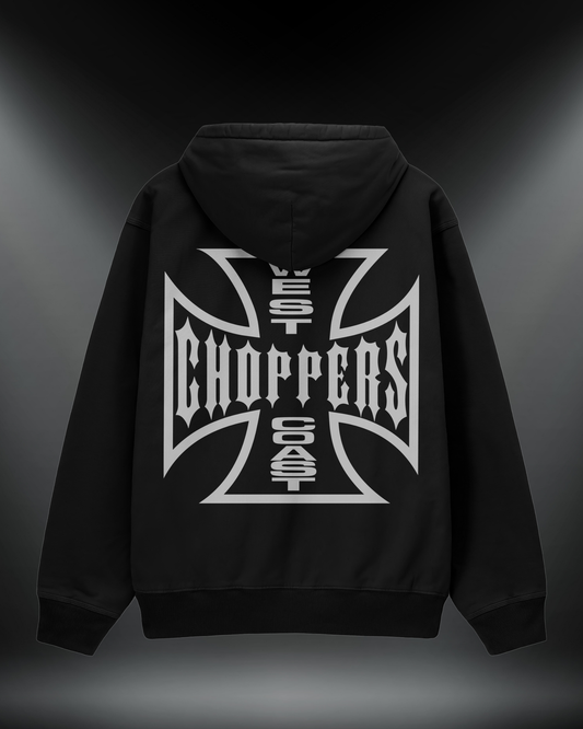 West Coast Choppers reflektörlü oversize motorcu hoodie, siyah, arkadan görünüm. Reflektörlü Malta haçı ve WEST COAST CHOPPERS sırt baskısı