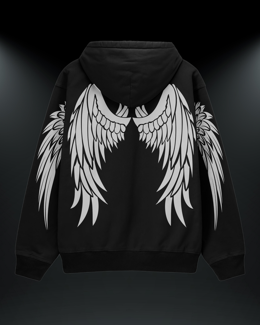White Angel reflektörlü oversize motorcu hoodie, siyah, arkadan görünüm. Reflektörlü melek kanadı sırt baskısı, gece görünürlük