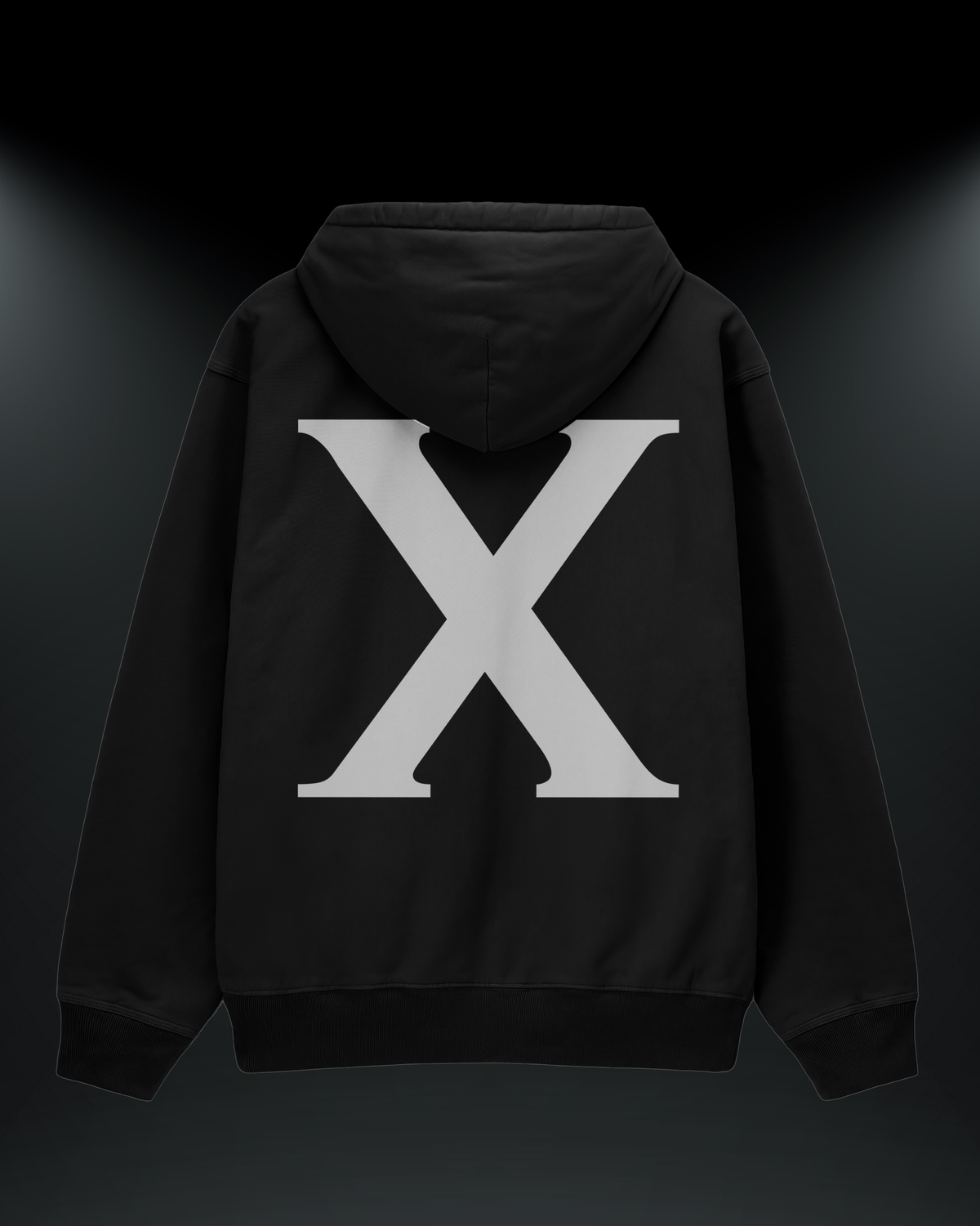 X baskılı reflektörlü oversize motorcu hoodie, siyah, sırtta büyük X baskısı