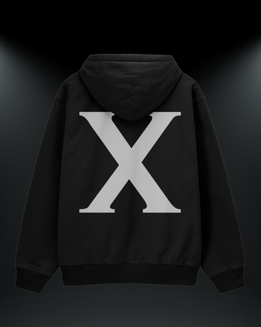 X baskılı reflektörlü oversize motorcu hoodie, siyah, sırtta büyük X baskısı
