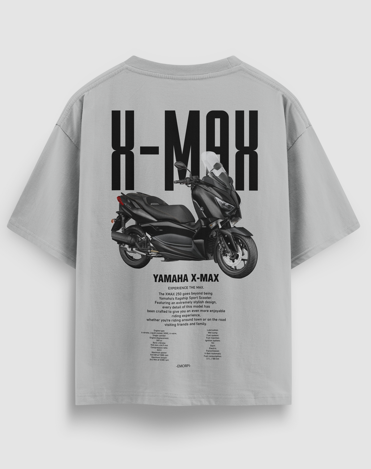 X-Max baskılı motorcu tişört, gri, arkadan görünüm. Yamaha X-Max çizimli sırt baskısı