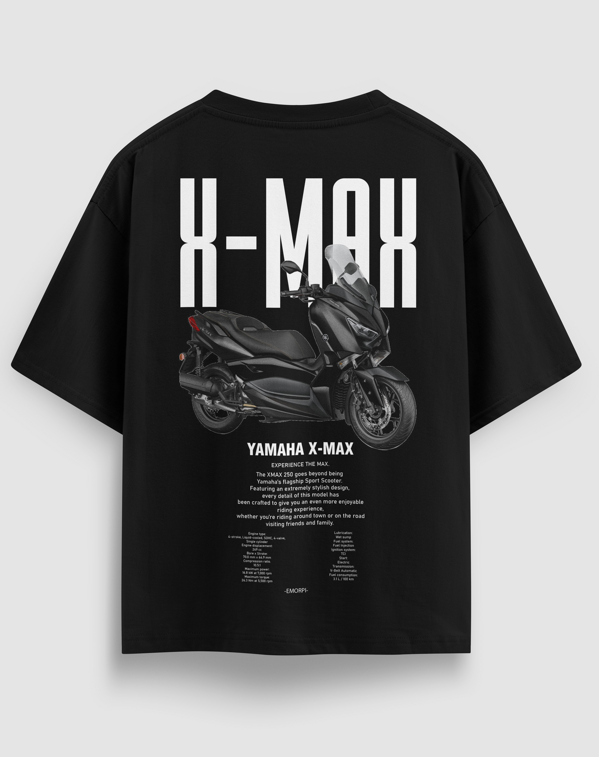 X-Max baskılı motorcu tişört, siyah, arkadan görünüm. Yamaha X-Max çizimli sırt baskısı
