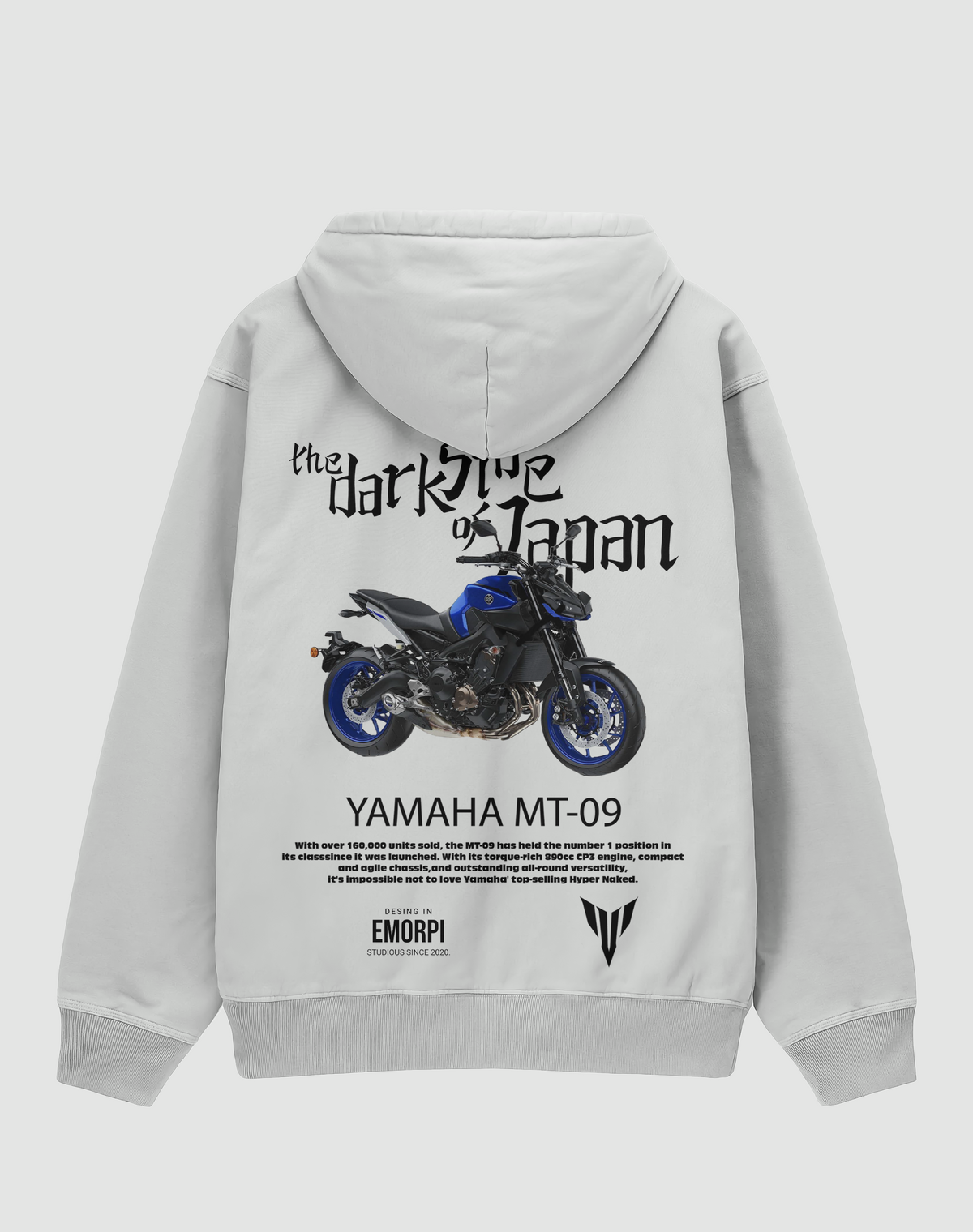 Yamaha MT-09 baskılı oversize hoodie, beyaz, arkadan görünüm. Yamaha MT-09 ve the dark side of Japan sırt baskısı