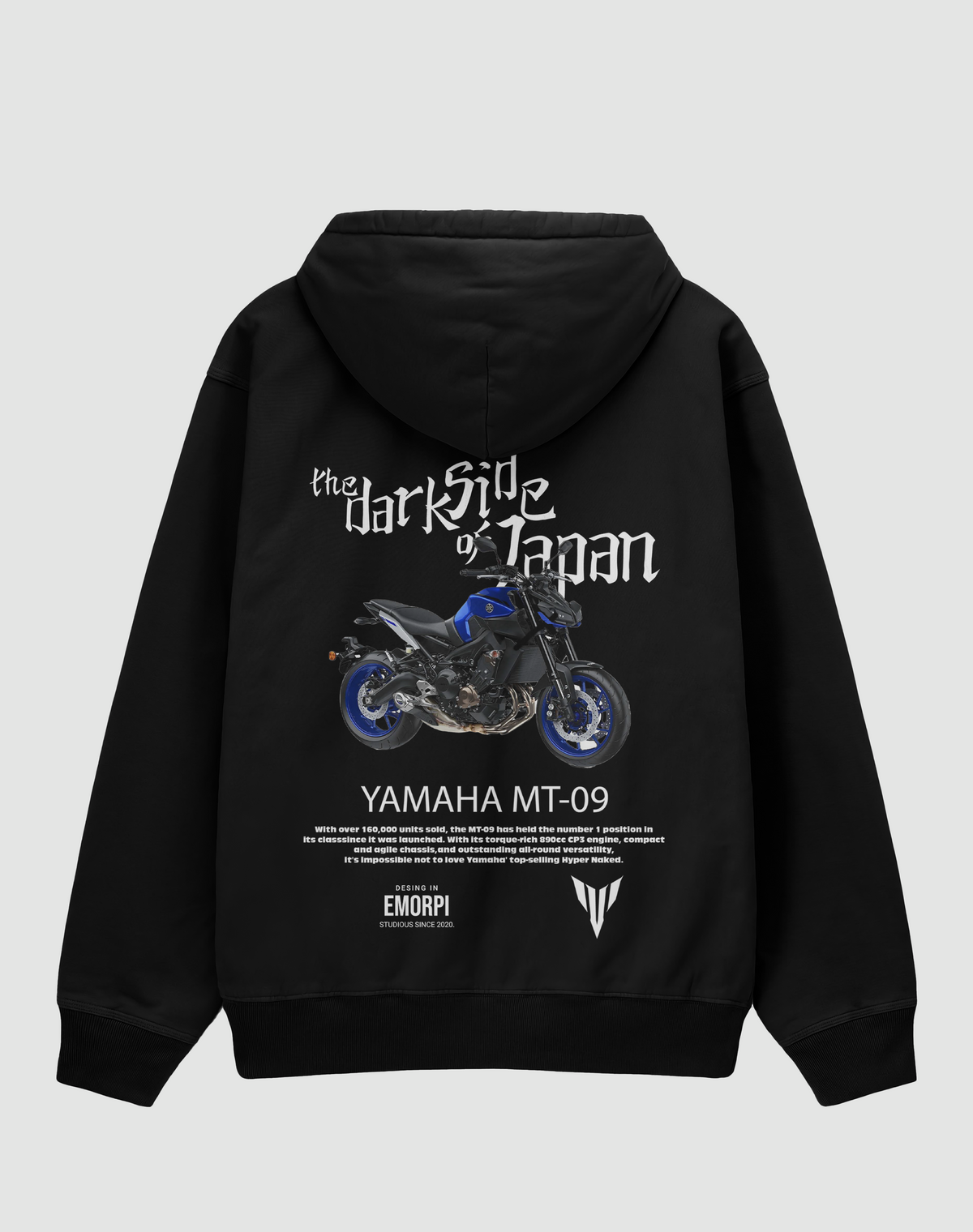 Yamaha MT-09 baskılı oversize hoodie, siyah, arkadan görünüm. Yamaha MT-09 ve the dark side of Japan sırt baskısı