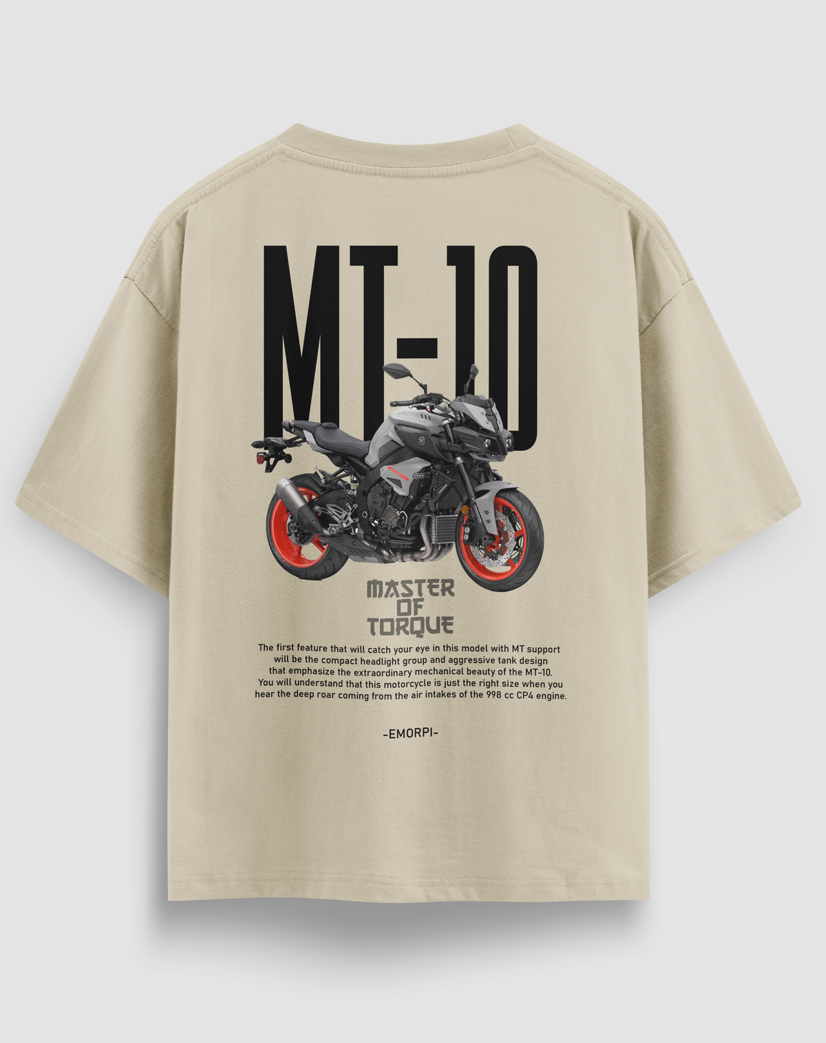 Yamaha MT-10 baskılı motorcu tişört, bej, arkadan görünüm. Yamaha MT-10 ve Master of Torque sırt baskısı