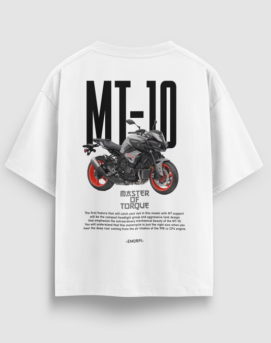 Yamaha MT-10 baskılı motorcu tişört, beyaz, arkadan görünüm. Yamaha MT-10 ve Master of Torque sırt baskısı