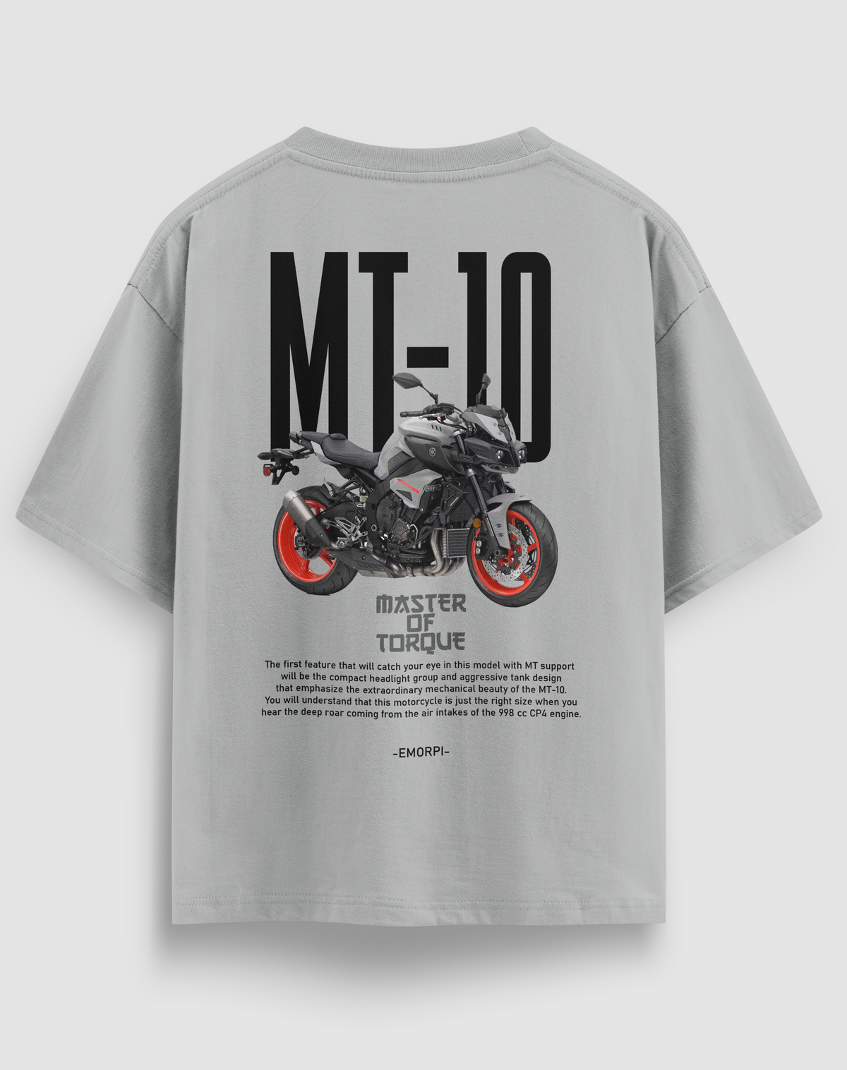 Yamaha MT-10 baskılı motorcu tişört, gri, arkadan görünüm. Yamaha MT-10 ve Master of Torque sırt baskısı