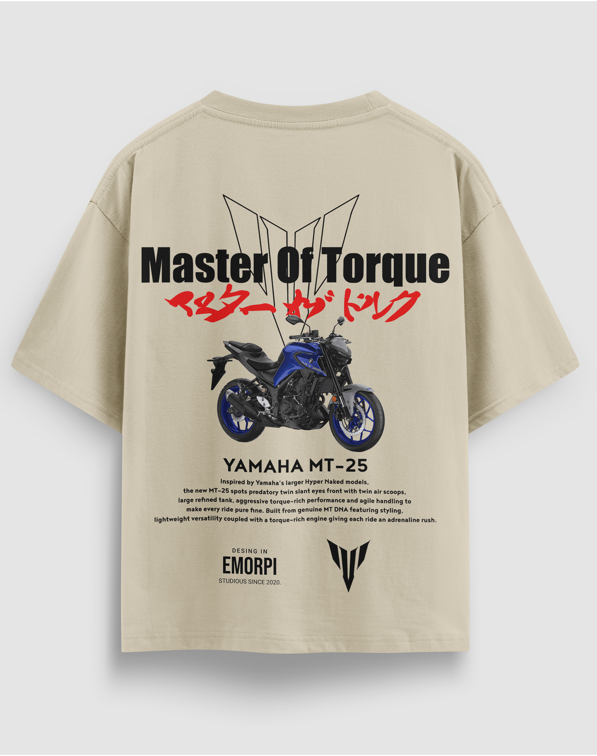 Yamaha MT-25 baskılı motorcu tişört, bej, arkadan görünüm. Yamaha MT-25 ve Master Of Torque sırt baskısı