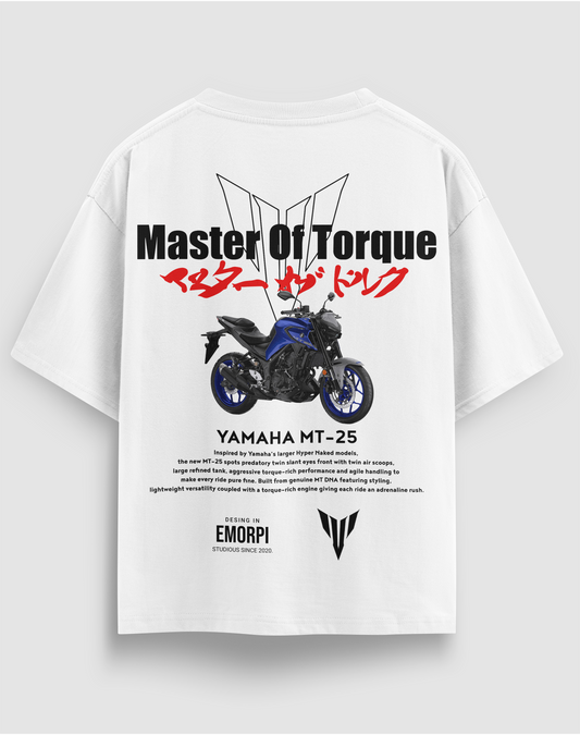 Yamaha MT-25 baskılı motorcu tişört, beyaz, arkadan görünüm. Yamaha MT-25 ve Master Of Torque sırt baskısı