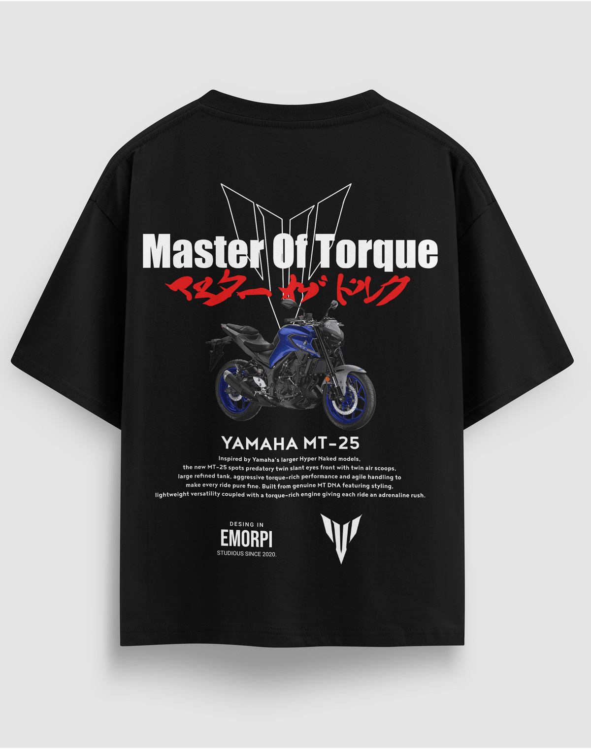 Yamaha MT-25 baskılı motorcu tişört, siyah, arkadan görünüm. Yamaha MT-25 ve Master Of Torque sırt baskısı