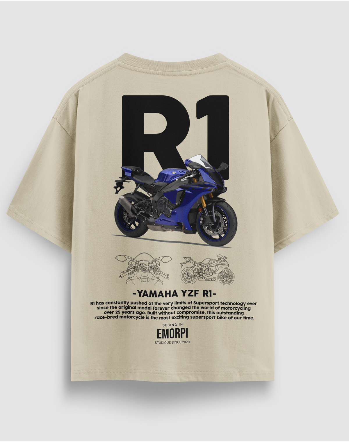 Yamaha R1 baskılı motorcu tişört, bej, arkadan görünüm. Yamaha YZF-R1 çizimli sırt baskısı