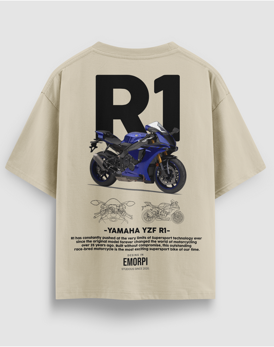 Yamaha R1 baskılı motorcu tişört, bej, arkadan görünüm. Yamaha YZF-R1 çizimli sırt baskısı