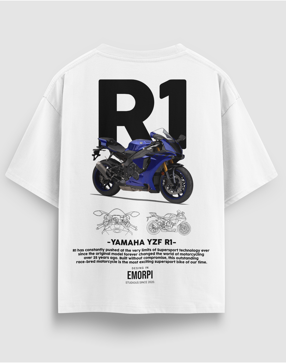 Yamaha R1 baskılı motorcu tişört, beyaz, arkadan görünüm. Yamaha YZF-R1 çizimli sırt baskısı