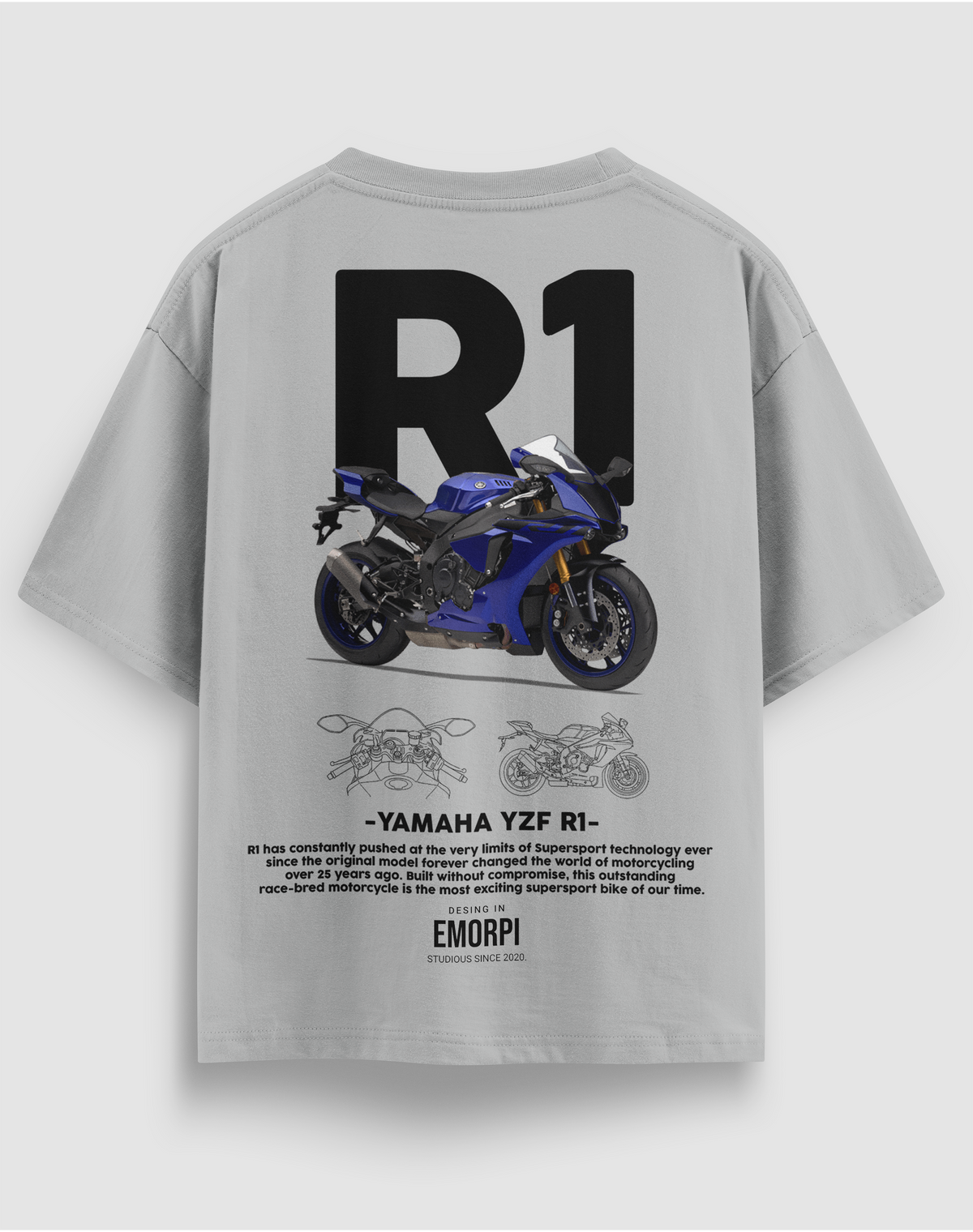 Yamaha R1 baskılı motorcu tişört, gri, arkadan görünüm. Yamaha YZF-R1 çizimli sırt baskısı