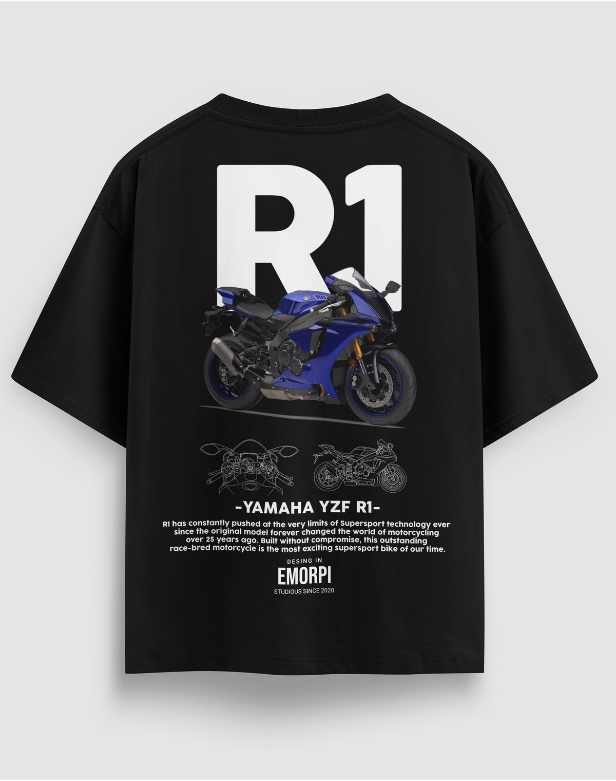 Yamaha R1 baskılı motorcu tişört, siyah, arkadan görünüm. Yamaha YZF-R1 çizimli sırt baskısı