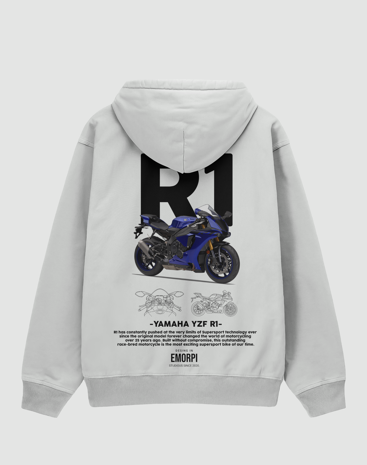 Yamaha R1 baskılı oversize hoodie, beyaz, arkadan görünüm. Yamaha YZF-R1 çizimli sırt baskısı