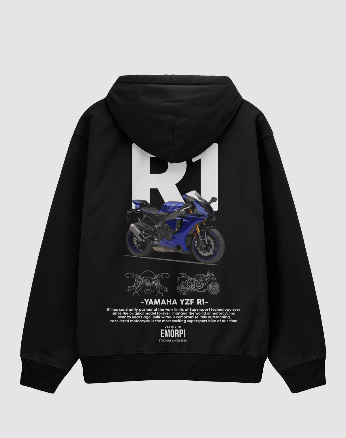 Yamaha R1 baskılı oversize hoodie, siyah, arkadan görünüm. Yamaha YZF-R1 çizimli sırt baskısı