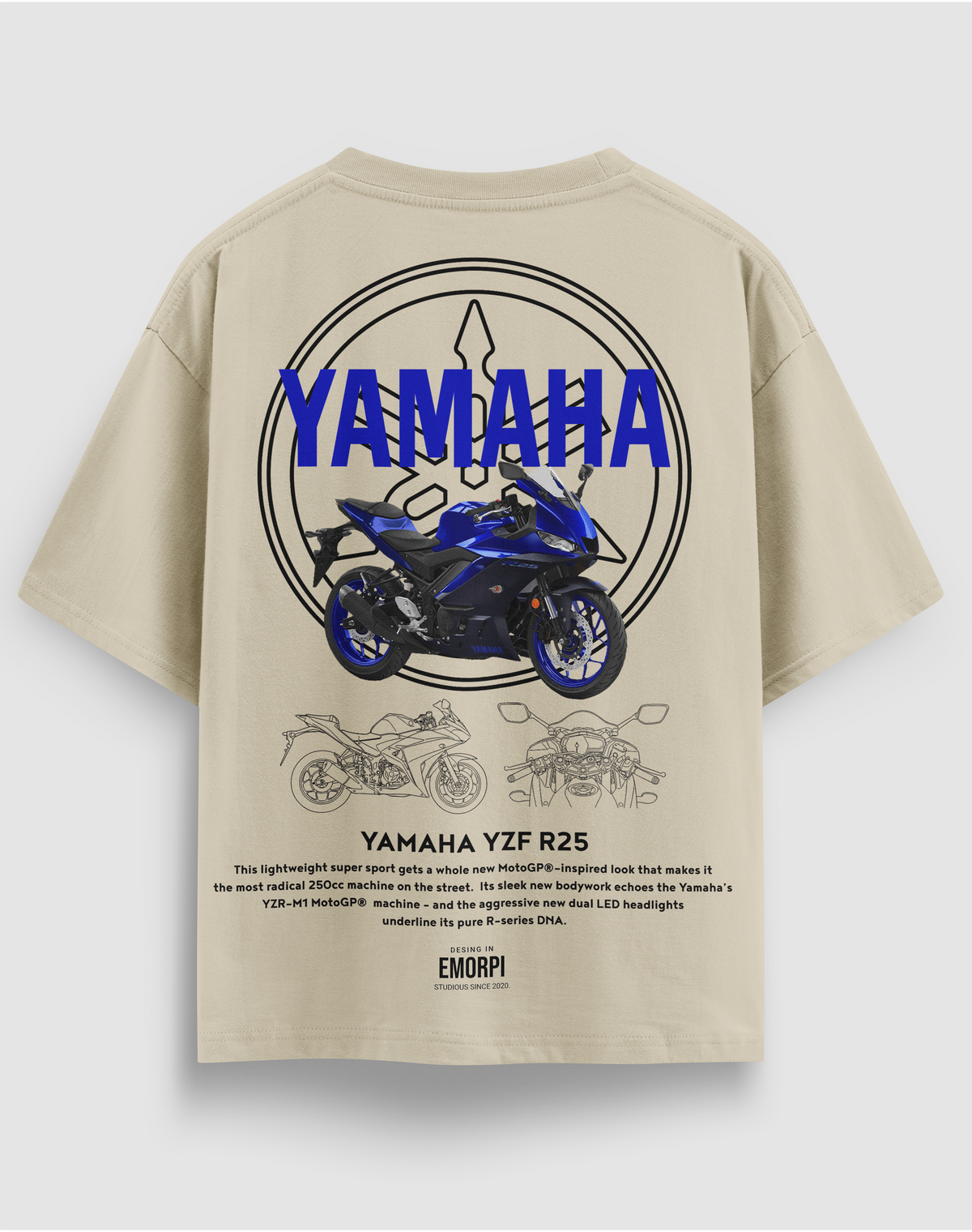 Yamaha R25 baskılı motorcu tişört, bej, arkadan görünüm. Yamaha YZF-R25 çizimli sırt baskısı