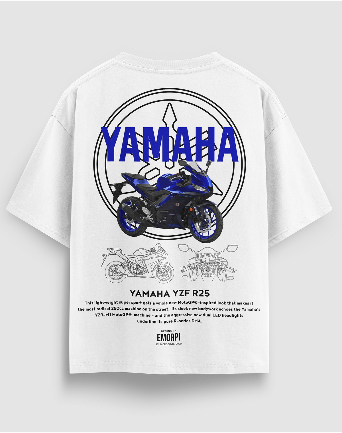 Yamaha R25 baskılı motorcu tişört, beyaz, arkadan görünüm. Yamaha YZF-R25 çizimli sırt baskısı