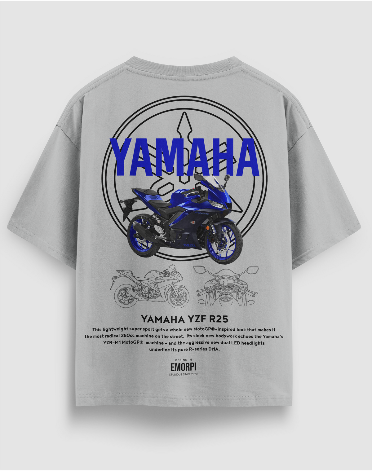 Yamaha R25 baskılı motorcu tişört, gri, arkadan görünüm. Yamaha YZF-R25 çizimli sırt baskısı