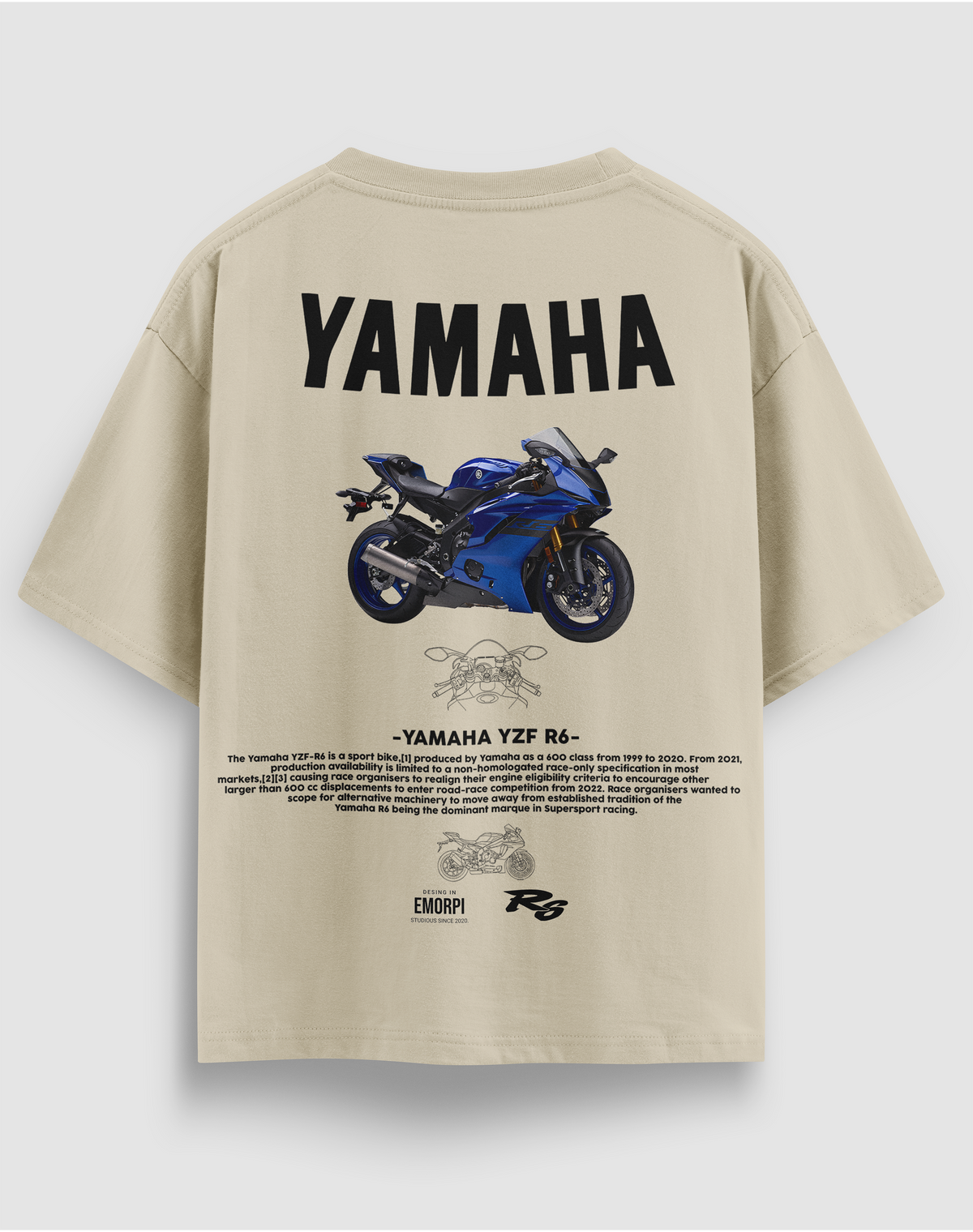 Yamaha R6 baskılı motorcu tişört, bej, arkadan görünüm. Yamaha YZF-R6 çizimli sırt baskısı