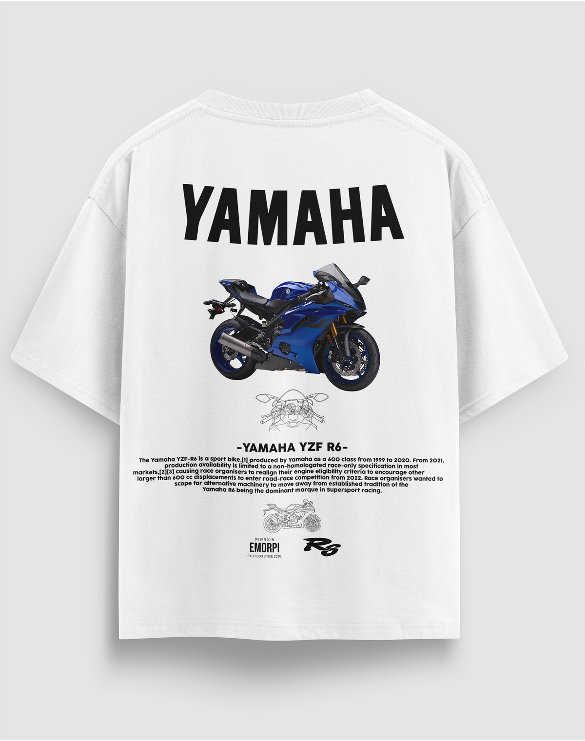 Yamaha R6 baskılı motorcu tişört, beyaz, arkadan görünüm. Yamaha YZF-R6 çizimli sırt baskısı