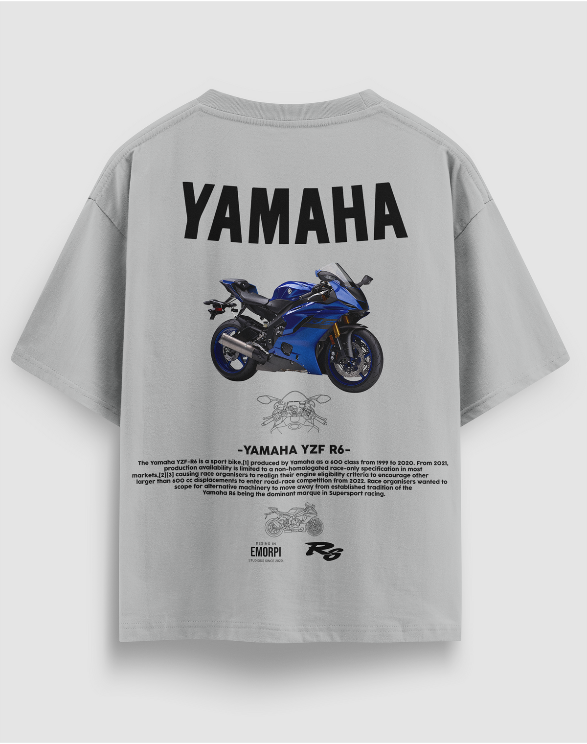 Yamaha R6 baskılı motorcu tişört, gri, arkadan görünüm. Yamaha YZF-R6 çizimli sırt baskısı