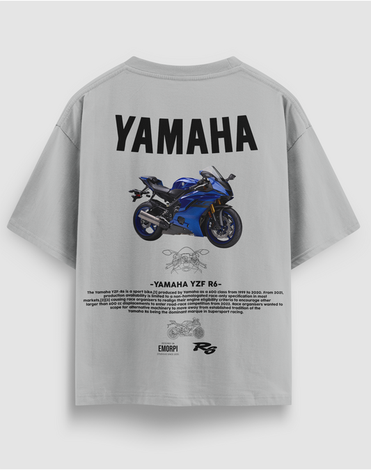 Yamaha R6 baskılı motorcu tişört, gri, arkadan görünüm. Yamaha YZF-R6 çizimli sırt baskısı