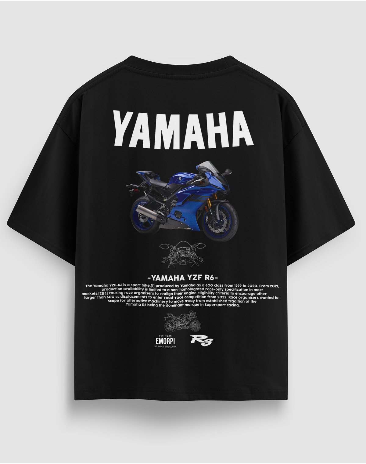Yamaha R6 baskılı motorcu tişört, siyah, arkadan görünüm. Yamaha YZF-R6 çizimli sırt baskısı
