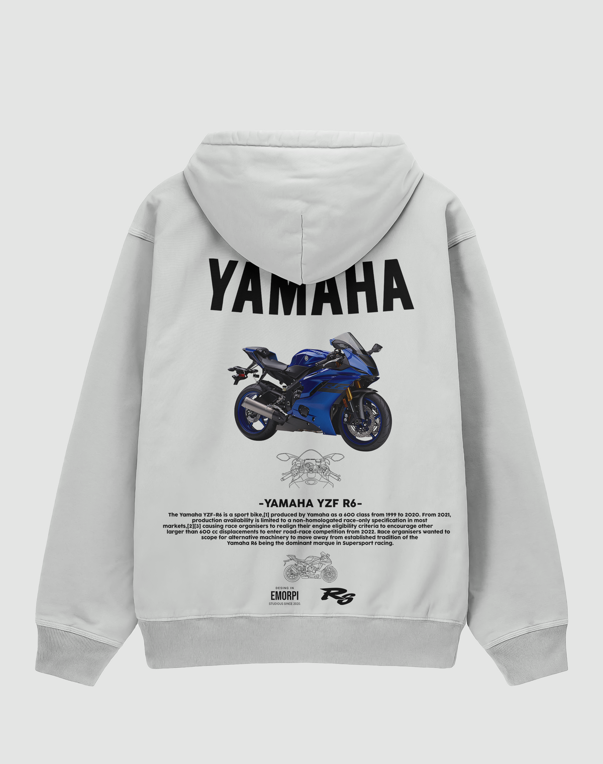 Yamaha R6 baskılı oversize hoodie, beyaz, arkadan görünüm. Yamaha YZF-R6 çizimli sırt baskısı