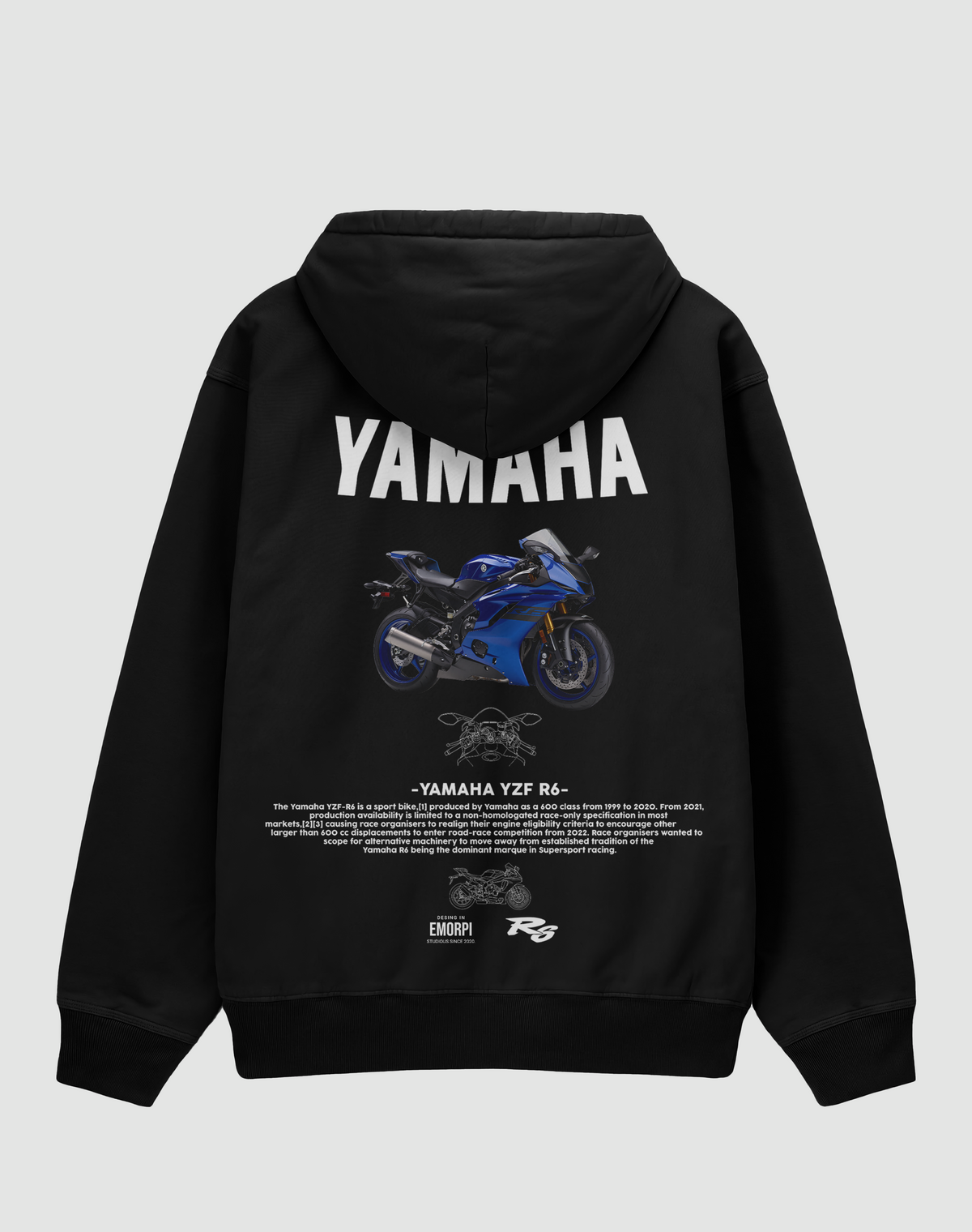 Yamaha R6 baskılı oversize hoodie, siyah, arkadan görünüm. Yamaha YZF-R6 çizimli sırt baskısı